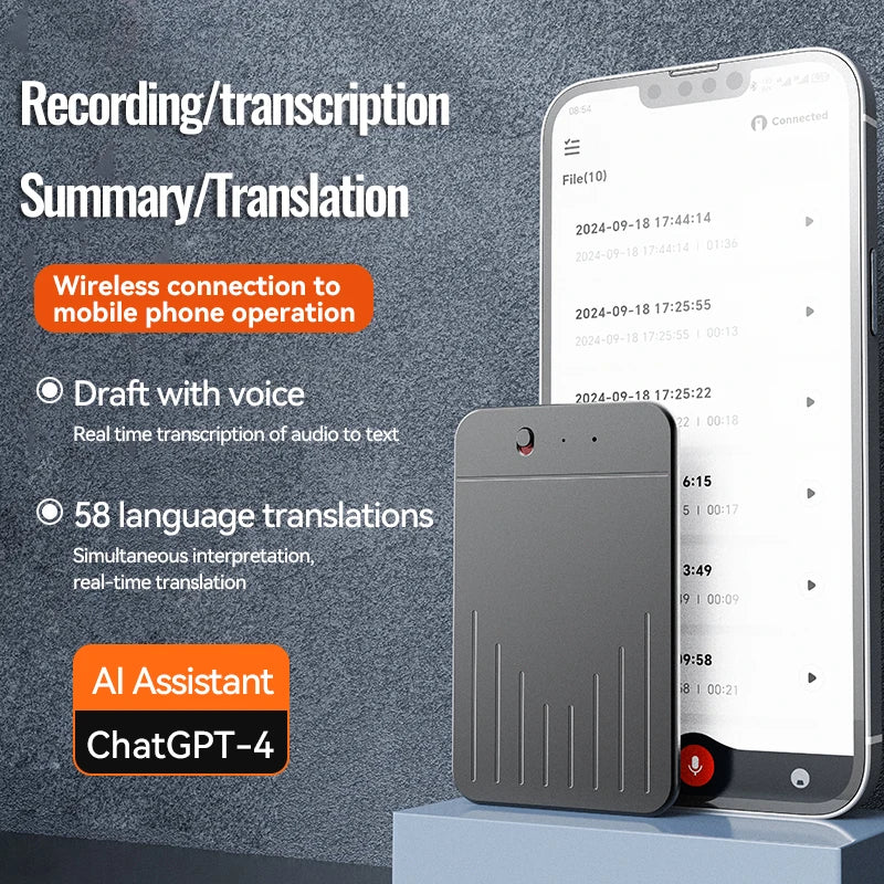 AI Powerd ChatGPT-4 App Phone Call Mini Audio Voice Recorder Espia Transcribe Summarize 58Language Translator Audio Dictaphone
