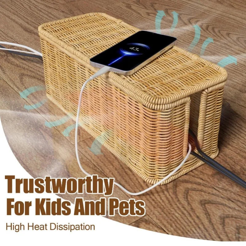 Handmade Cable Management Box, Durable Rattan Cable Organizer, 2 Open Slots Cords Hider Box, Under Desk Cord Organizer