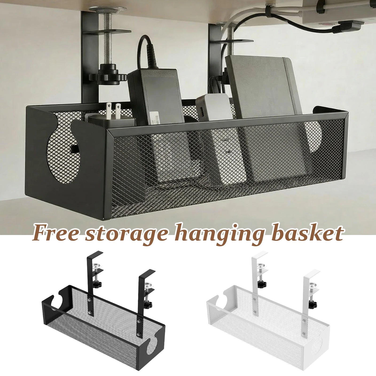 Under Desk Cable Management Tray Metal Hanging Office Desk Storage Basket No Drilling Cable Tray for Table Thickness up to 1.97"
