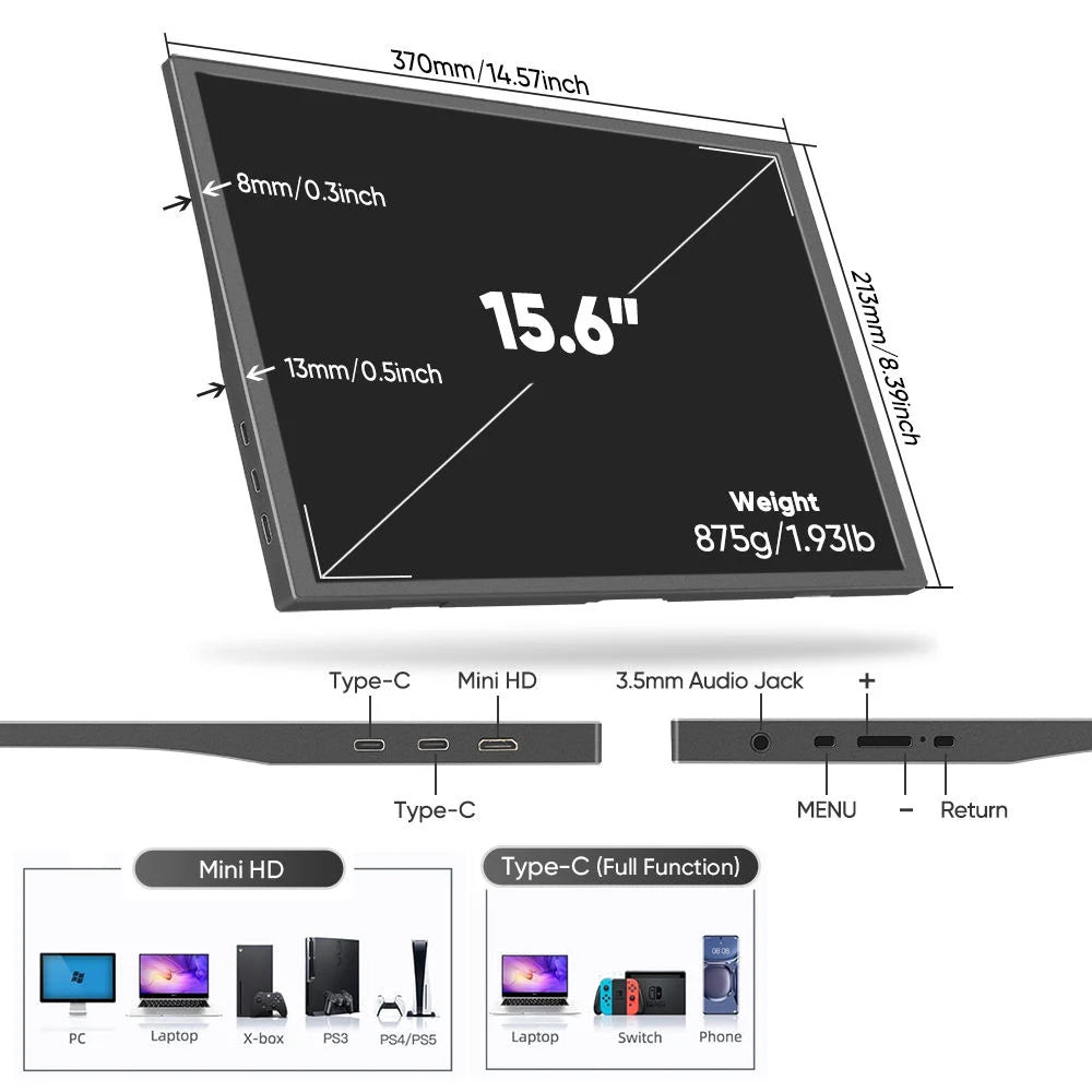AHXJKA 15.6inch Portable Monitor 60HZ IPS 250Cd/m² USB-C HDMI For Laptop XBox PS4 / 5 Switch TV Cell Phone PC Extension Mobile