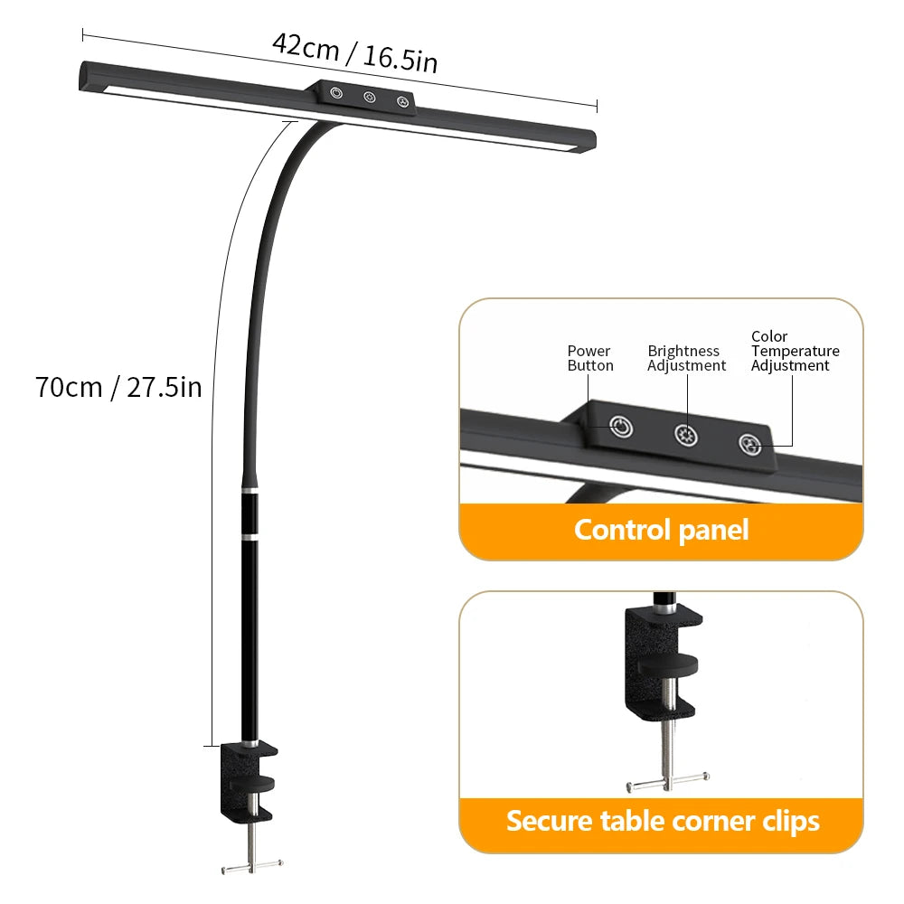 Eye-care LED Clip Metal Desk Lamp 3 Colors Adjustable 10 Brightness Levels Flexible Rotating Lamp Head for Home Reading PC Game