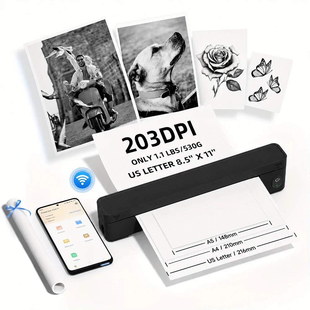 A10a Portable Thermal Printer, Inkless Thermal Printer Supports US Letter & A4 Size, For Business/Office/Home, Compatible with Phone, Tablet & Laptop，Comes With 10 Thermal Paper.