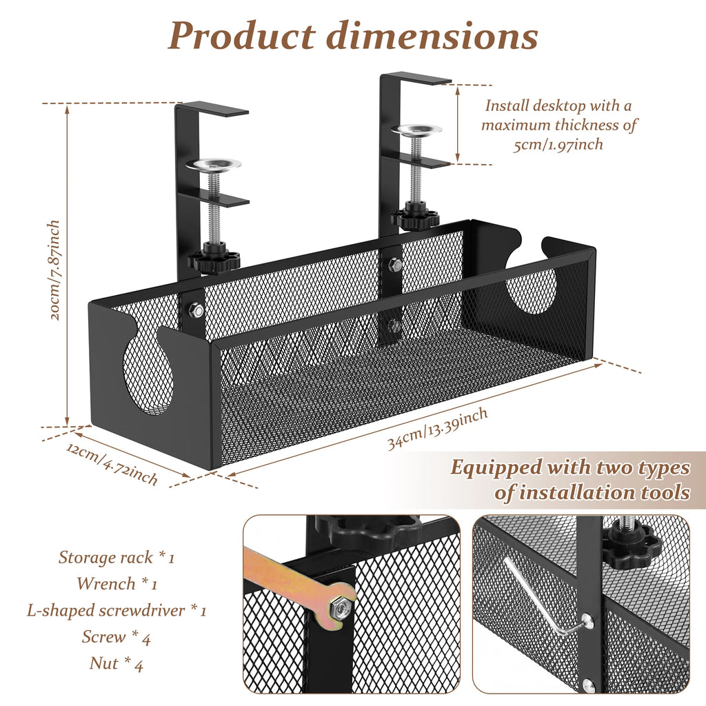 Under Desk Cable Management Tray Metal Hanging Office Desk Storage Basket No Drilling Cable Tray for Table Thickness up to 1.97"
