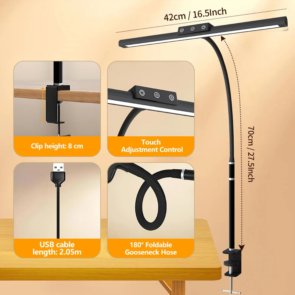 Eye-care LED Clip Metal Desk Lamp 3 Colors Adjustable 10 Brightness Levels Flexible Rotating Lamp Head for Home Reading PC Game