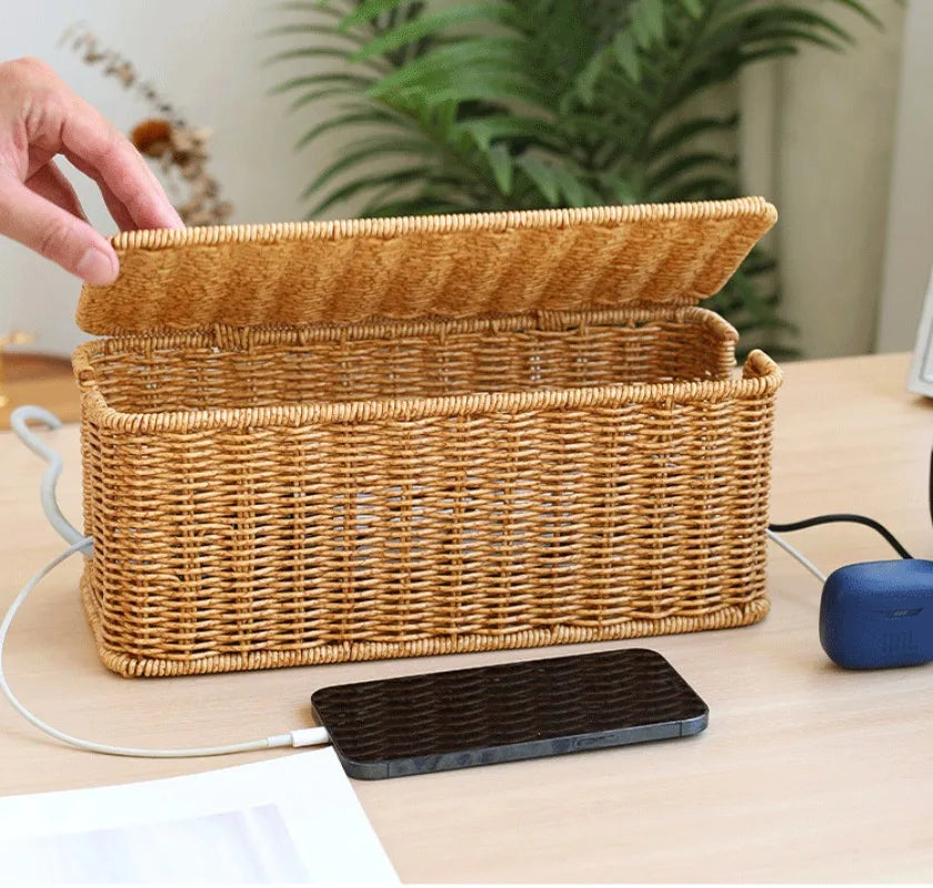 Handmade Cable Management Box, Durable Rattan Cable Organizer, 2 Open Slots Cords Hider Box, Under Desk Cord Organizer