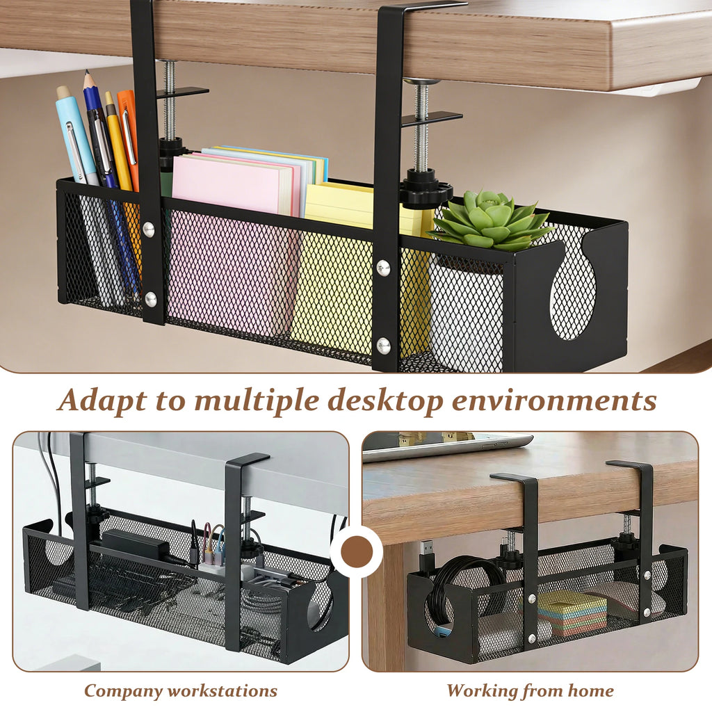 Under Desk Cable Management Tray Metal Hanging Office Desk Storage Basket No Drilling Cable Tray for Table Thickness up to 1.97"
