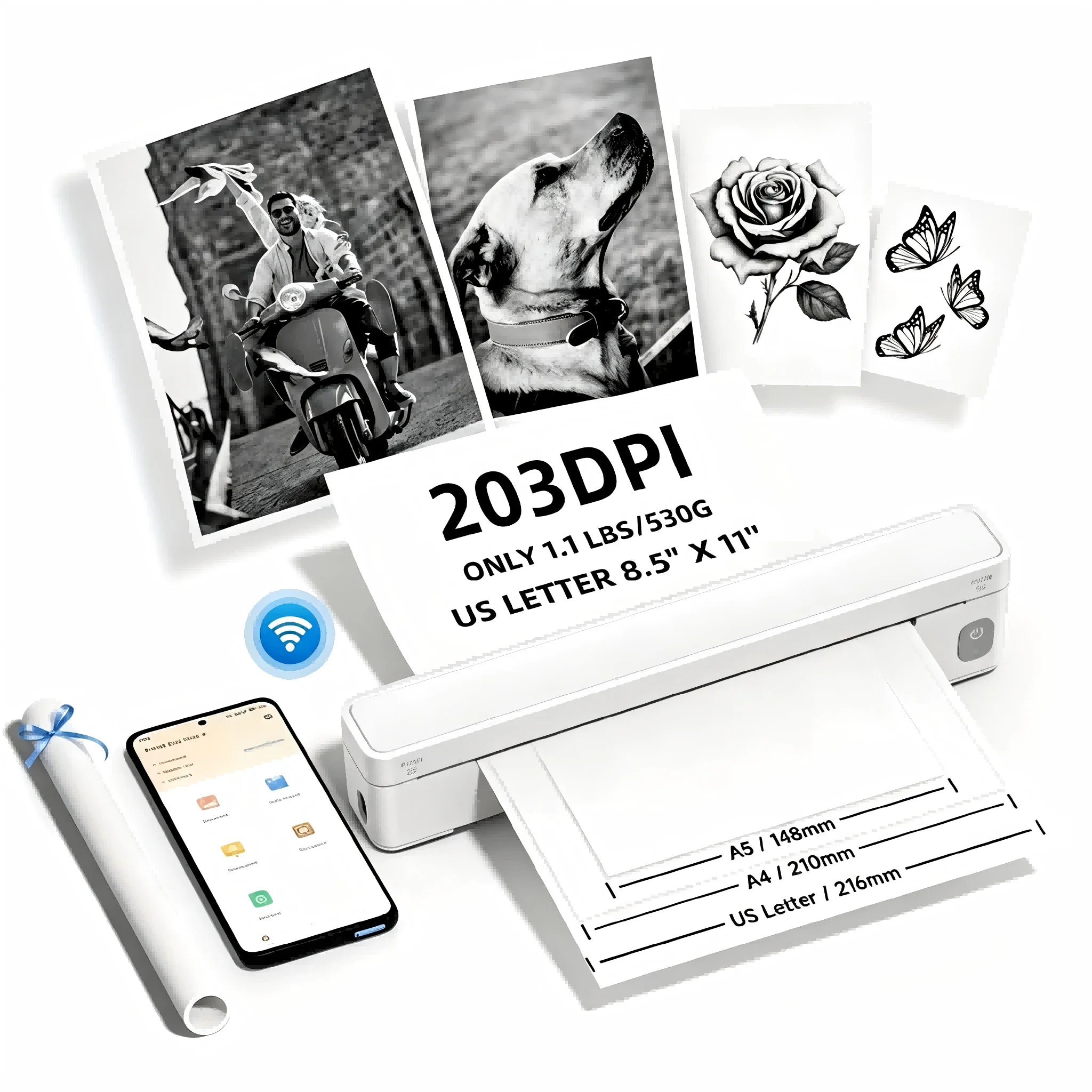 A10a Portable Thermal Printer, Inkless Thermal Printer Supports US Letter & A4 Size, For Business/Office/Home, Compatible with Phone, Tablet & Laptop，Comes With 10 Thermal Paper.