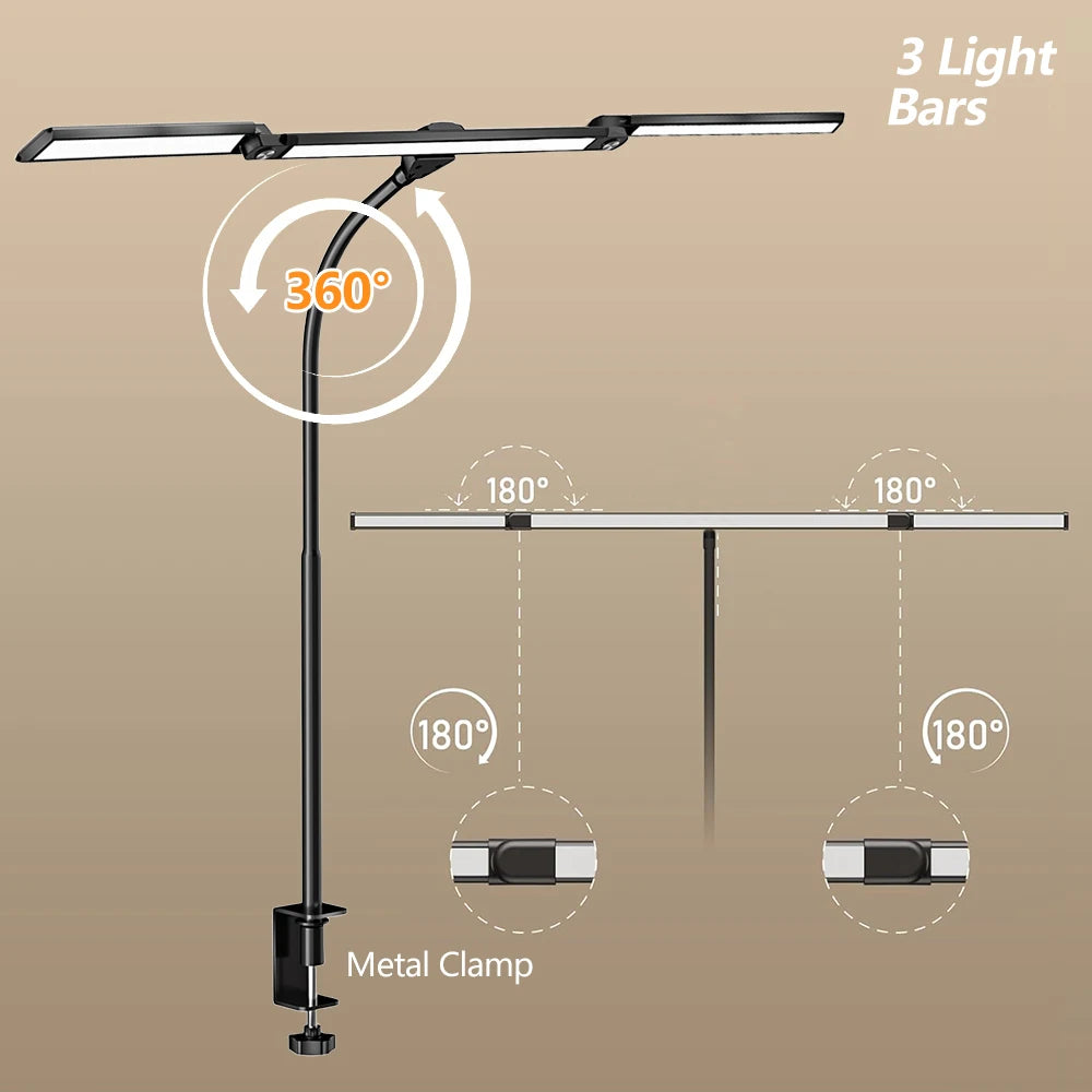 Eye-care LED Clip Metal Desk Lamp 3 Colors Adjustable 10 Brightness Levels Flexible Rotating Lamp Head for Home Reading PC Game