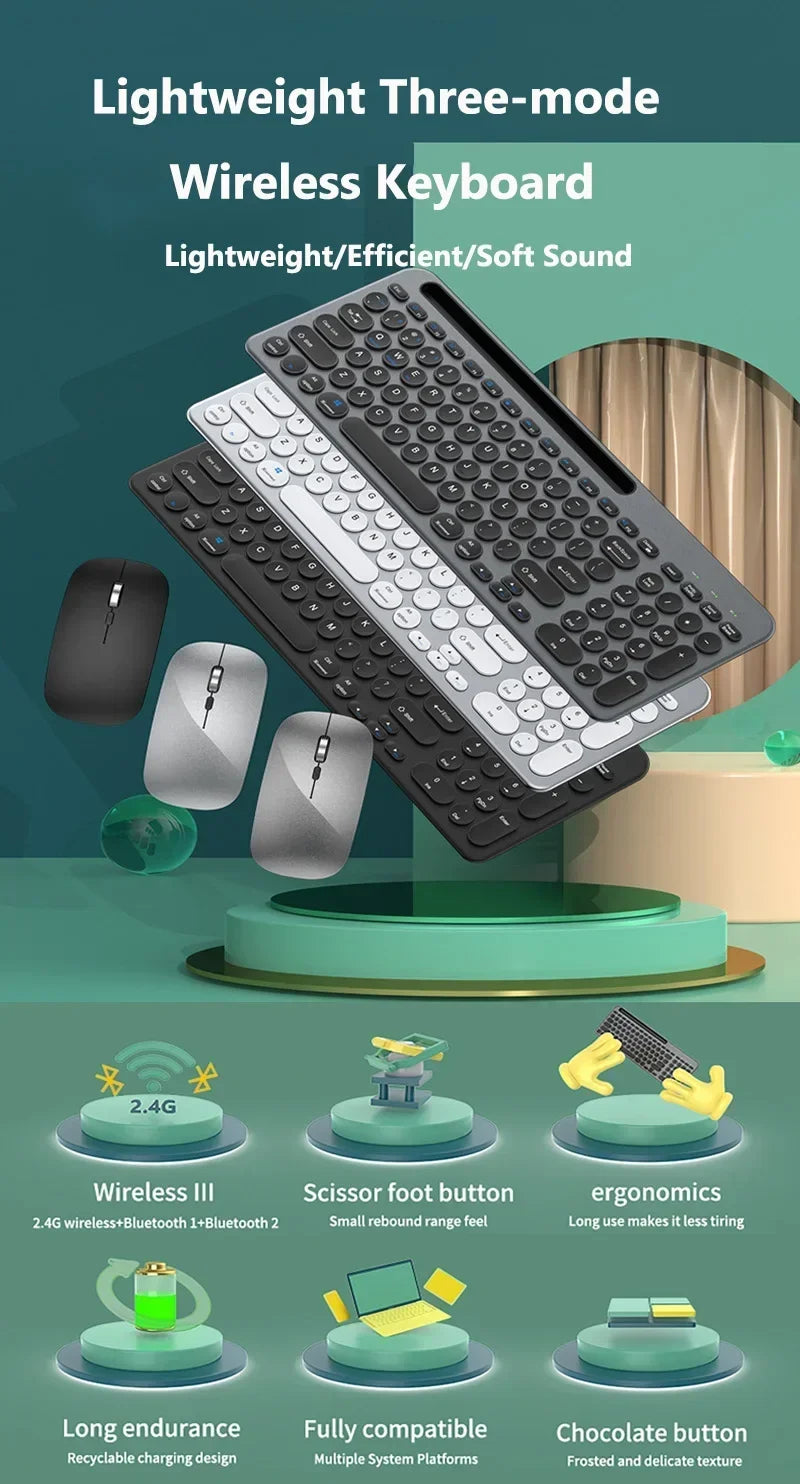 Bluetooth Keyboard 3 Mode Silent Mini Mute 2.4G Wireless BT Key Board and Mouse Combo Multi-Device Rechargeable Keyboards Set