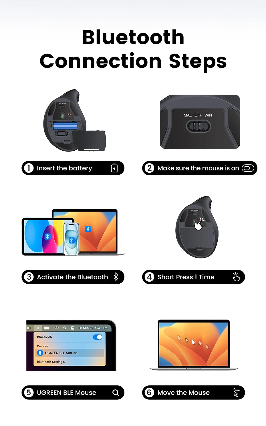 UGREEN Vertical Mouse Wireless Rechargeable Bluetooth5.0 2.4G Ergonomic 4000DPI  for MacBook Tablet Laptops Computer PC Mice