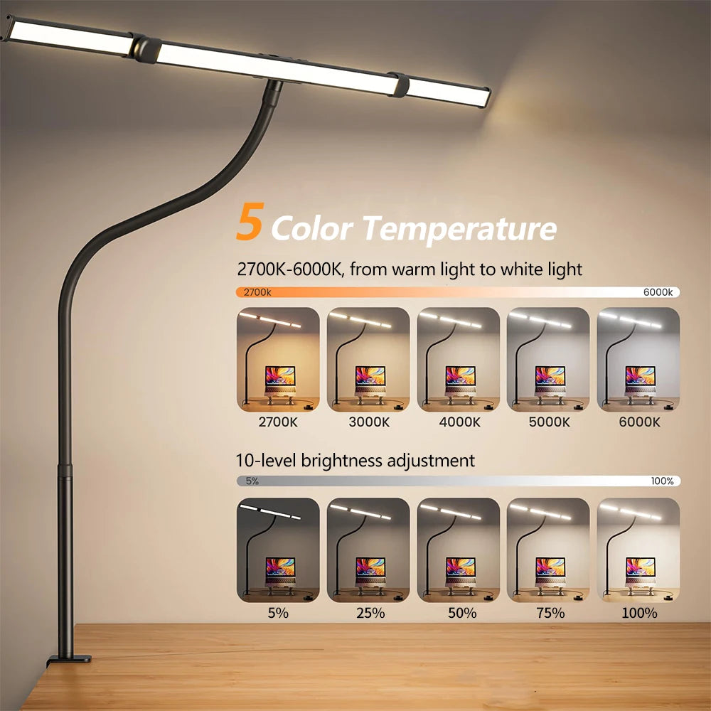 Eye-care LED Clip Metal Desk Lamp 3 Colors Adjustable 10 Brightness Levels Flexible Rotating Lamp Head for Home Reading PC Game