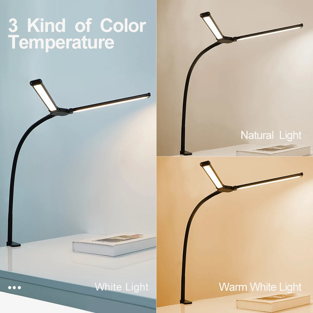 Eye-care LED Clip Metal Desk Lamp 3 Colors Adjustable 10 Brightness Levels Flexible Rotating Lamp Head for Home Reading PC Game