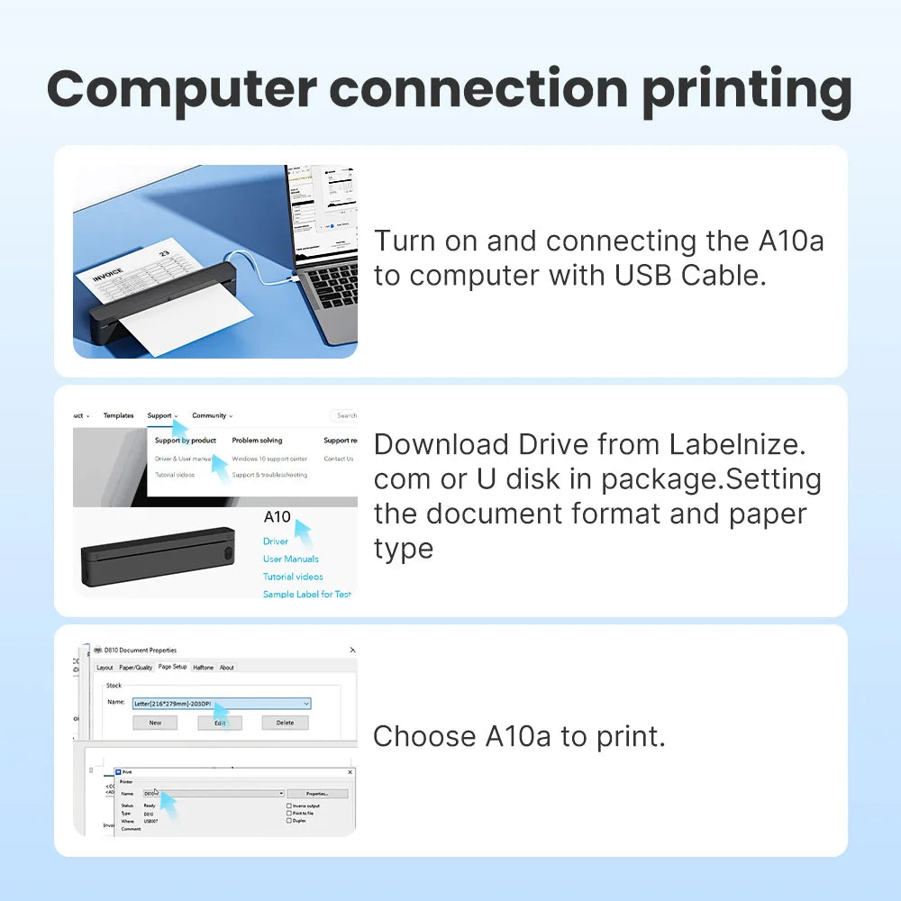 A10a Portable Thermal Printer, Inkless Thermal Printer Supports US Letter & A4 Size, For Business/Office/Home, Compatible with Phone, Tablet & Laptop，Comes With 10 Thermal Paper.