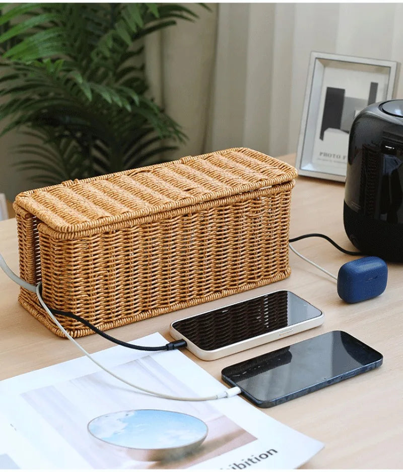 Handmade Cable Management Box, Durable Rattan Cable Organizer, 2 Open Slots Cords Hider Box, Under Desk Cord Organizer