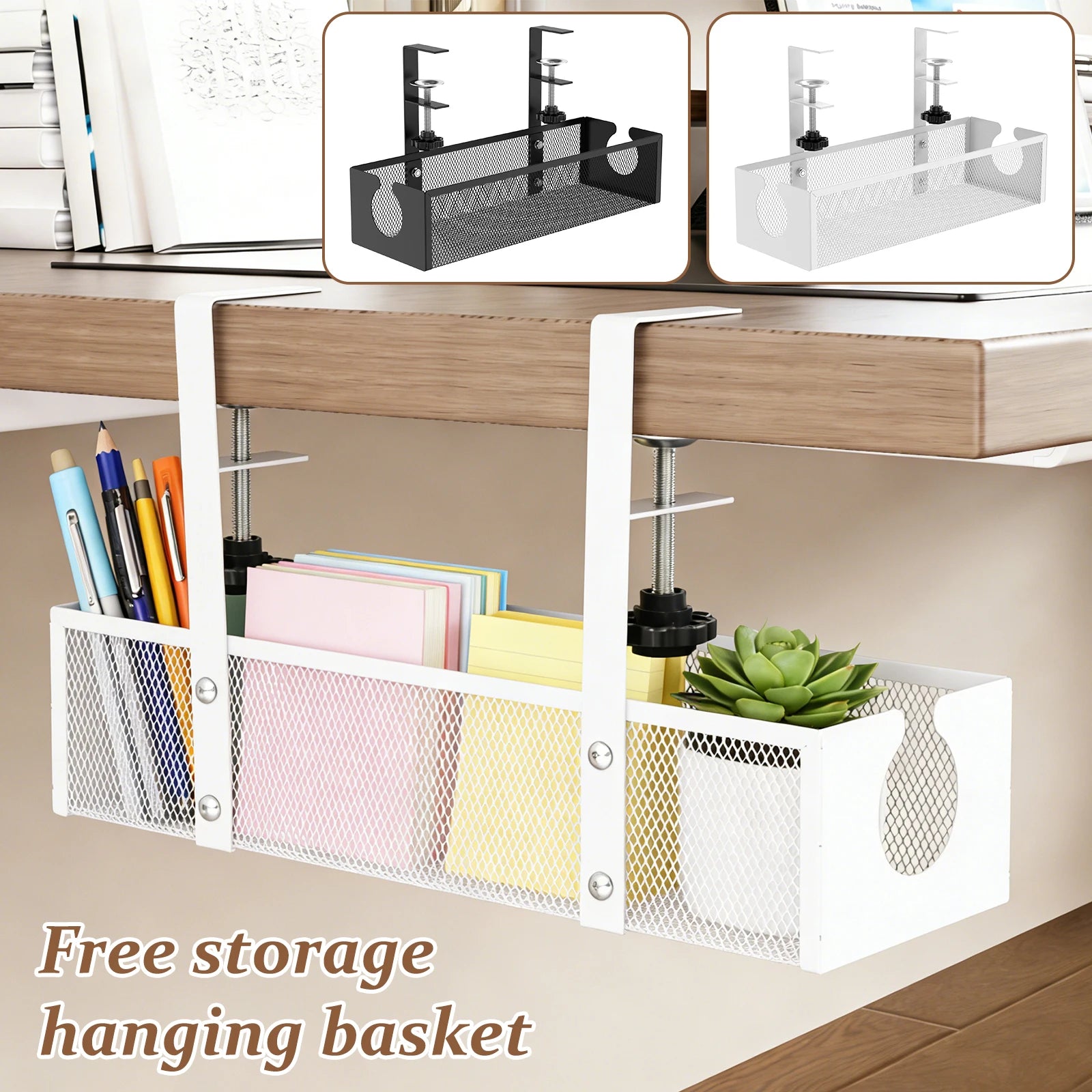 Under Desk Cable Management Tray Metal Hanging Office Desk Storage Basket No Drilling Cable Tray for Table Thickness up to 1.97"