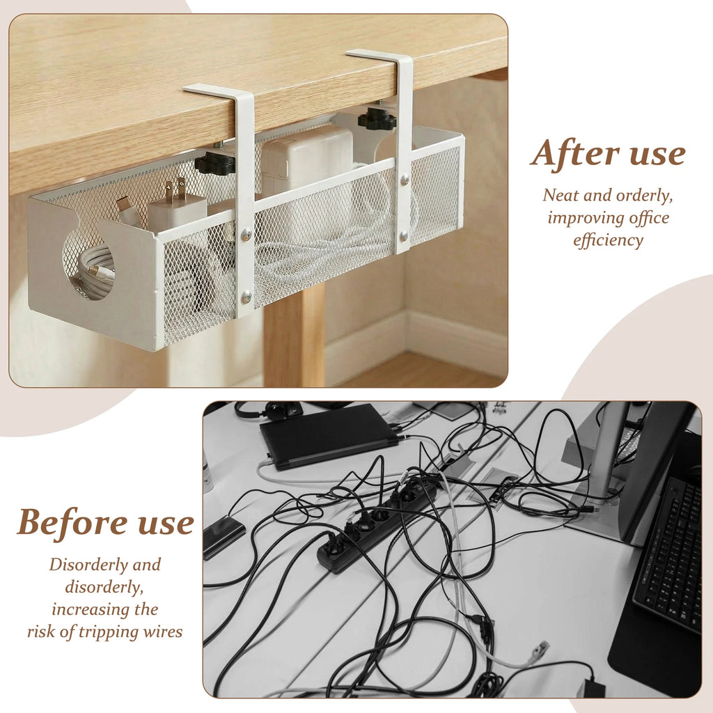 Under Desk Cable Management Tray Metal Hanging Office Desk Storage Basket No Drilling Cable Tray for Table Thickness up to 1.97"