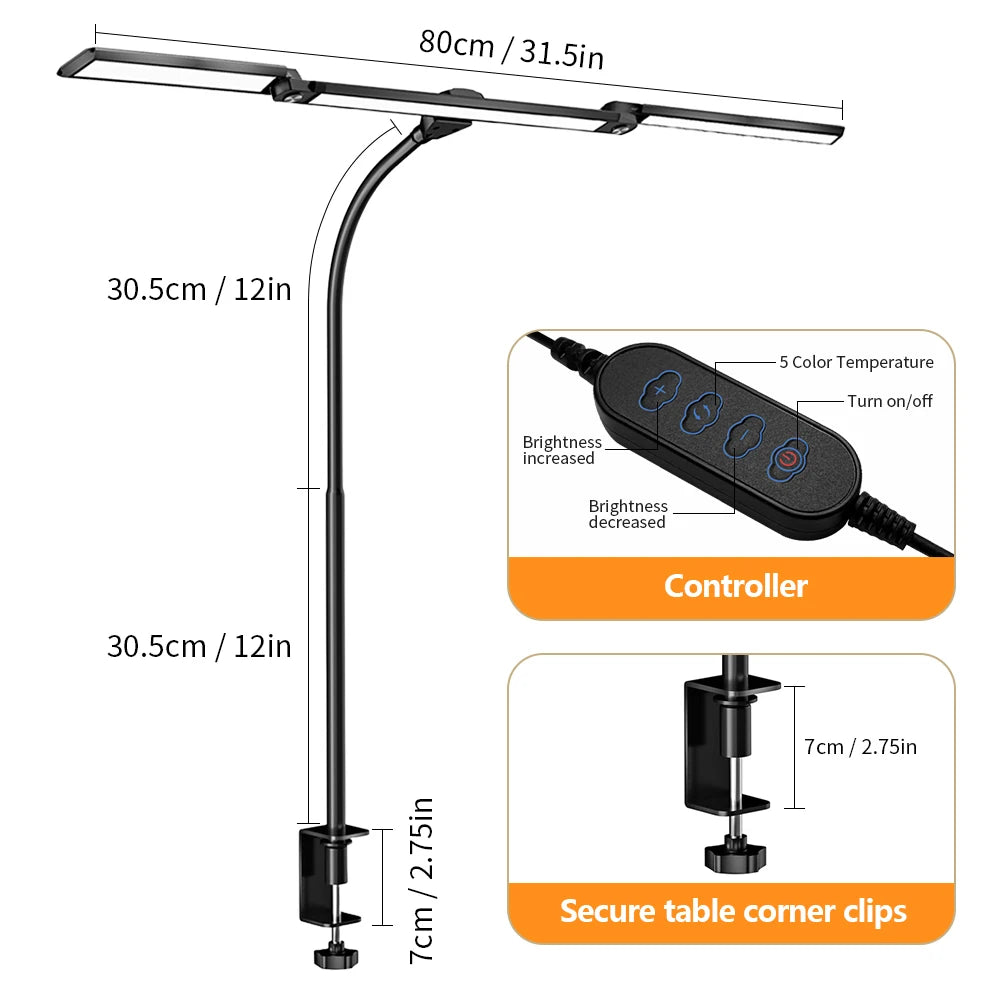 Eye-care LED Clip Metal Desk Lamp 3 Colors Adjustable 10 Brightness Levels Flexible Rotating Lamp Head for Home Reading PC Game