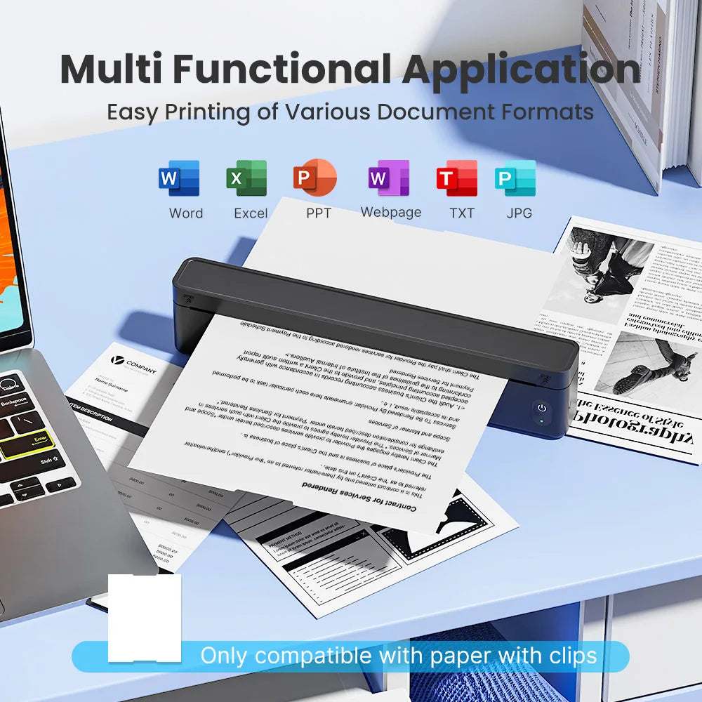 A10a Portable Thermal Printer, Inkless Thermal Printer Supports US Letter & A4 Size, For Business/Office/Home, Compatible with Phone, Tablet & Laptop，Comes With 10 Thermal Paper.