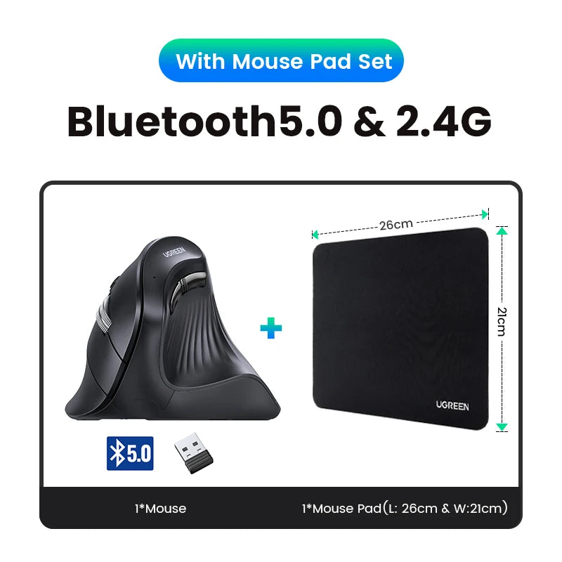 UGREEN Vertical Mouse Wireless Rechargeable Bluetooth5.0 2.4G Ergonomic 4000DPI  for MacBook Tablet Laptops Computer PC Mice