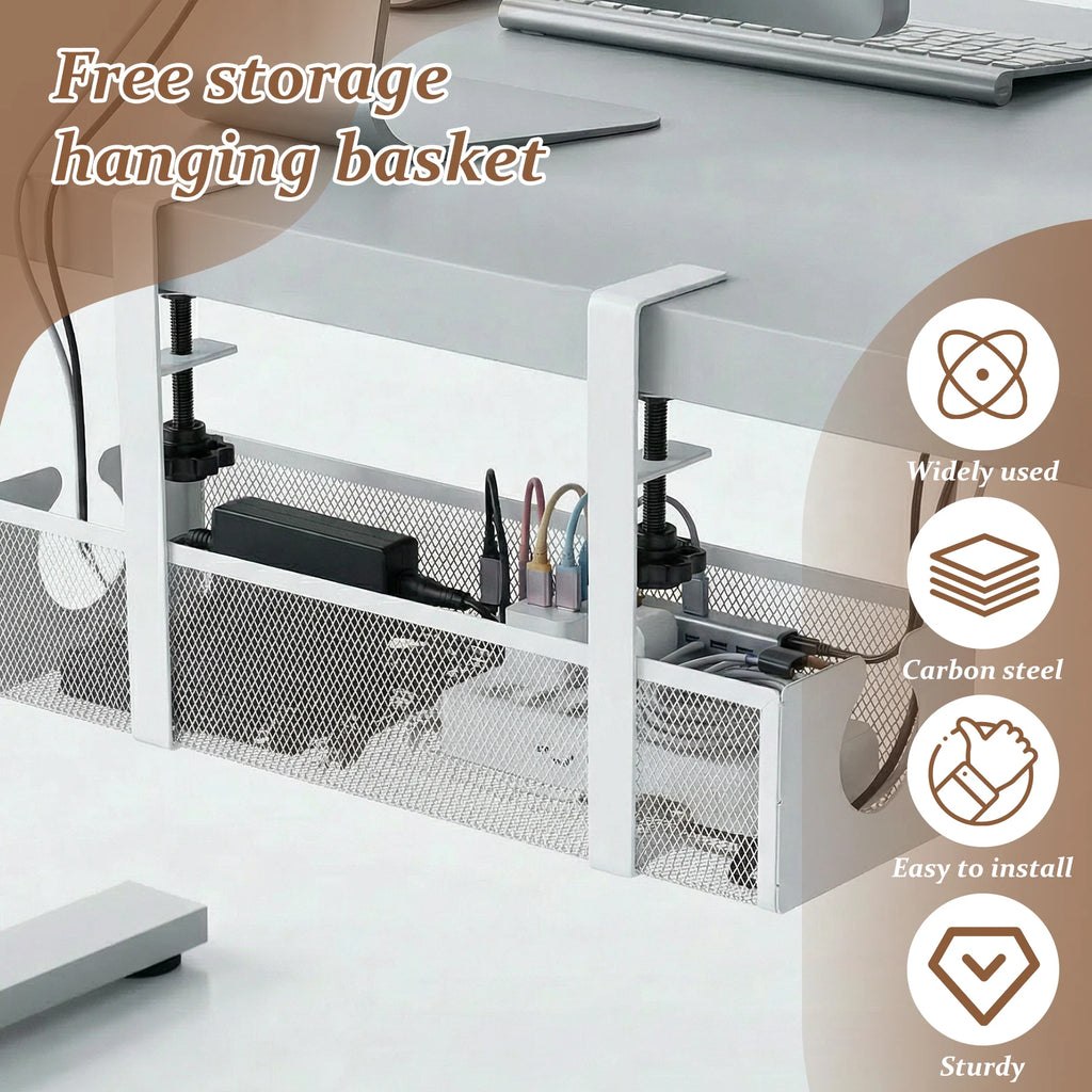 Under Desk Cable Management Tray Metal Hanging Office Desk Storage Basket No Drilling Cable Tray for Table Thickness up to 1.97"