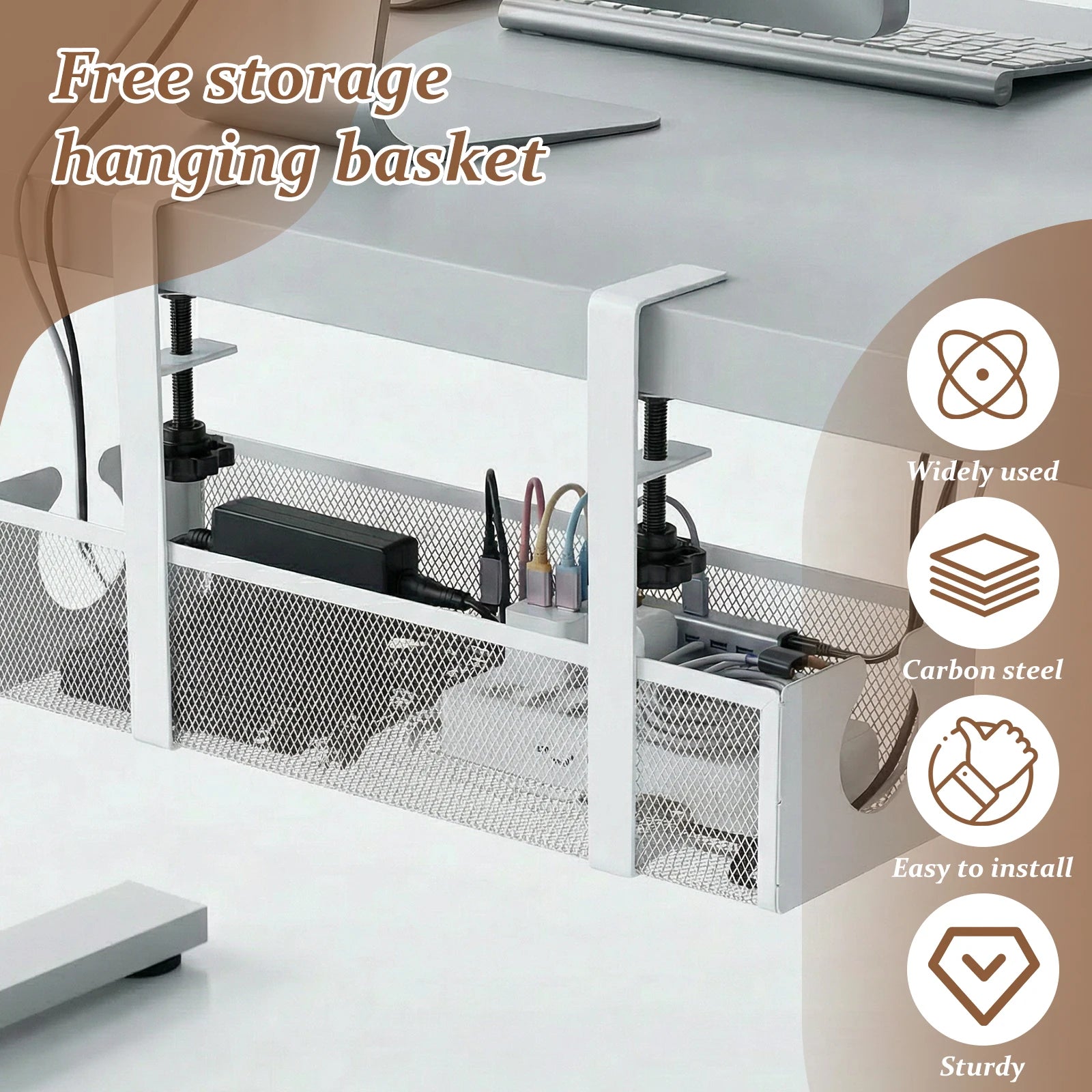 Under Desk Cable Management Tray Metal Hanging Office Desk Storage Basket No Drilling Cable Tray for Table Thickness up to 1.97"