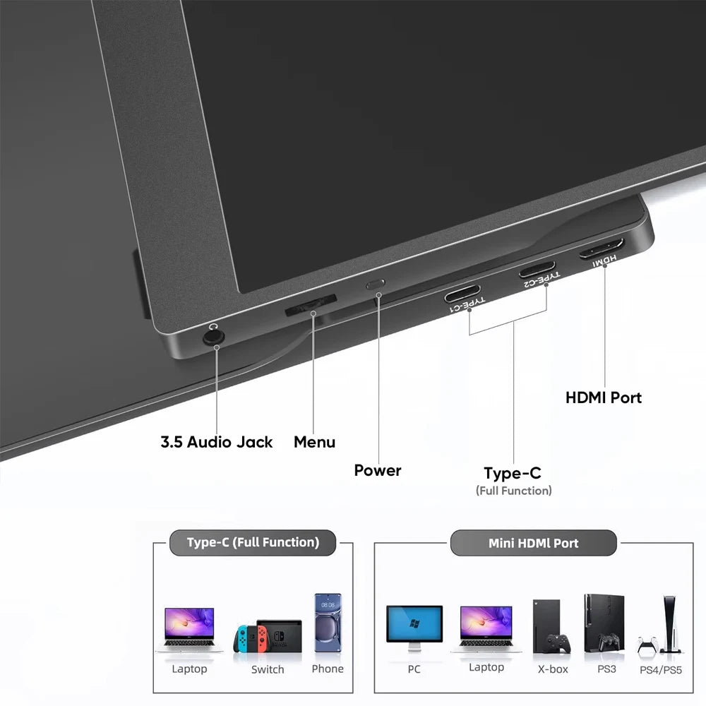 AHXJKA 15.6inch Portable Monitor 60HZ IPS 250Cd/m² USB-C HDMI For Laptop XBox PS4 / 5 Switch TV Cell Phone PC Extension Mobile