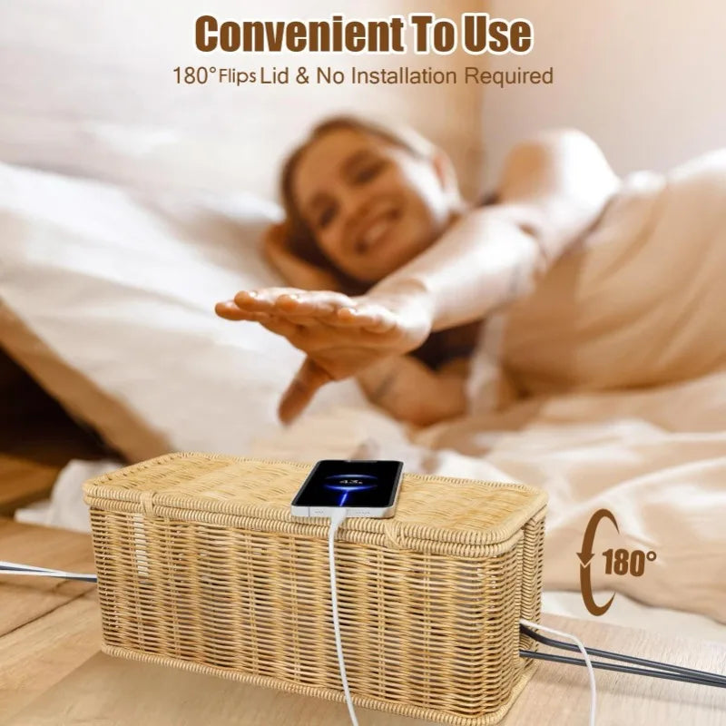 Handmade Cable Management Box, Durable Rattan Cable Organizer, 2 Open Slots Cords Hider Box, Under Desk Cord Organizer