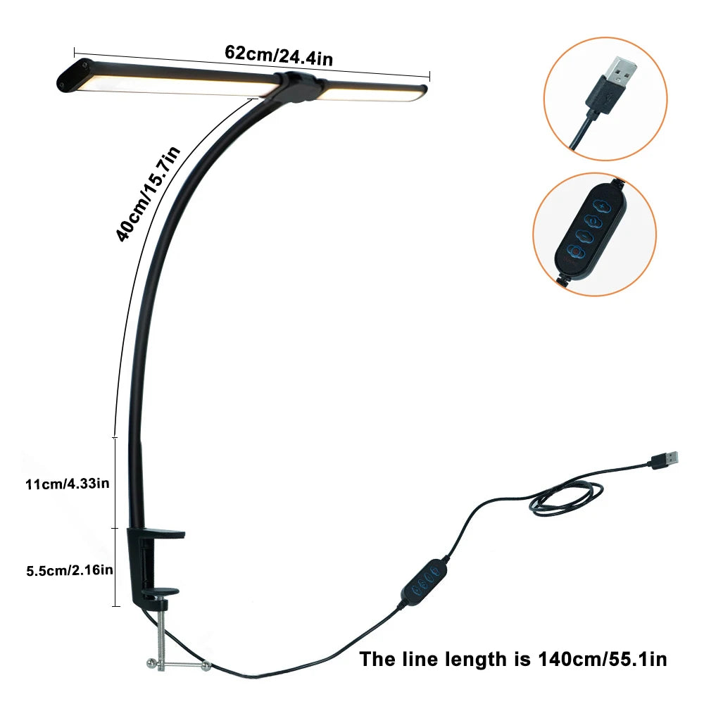 Eye-care LED Clip Metal Desk Lamp 3 Colors Adjustable 10 Brightness Levels Flexible Rotating Lamp Head for Home Reading PC Game