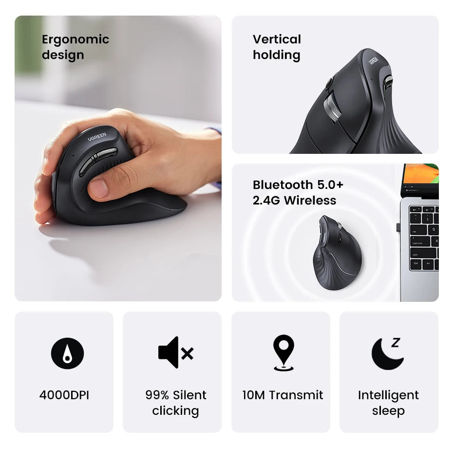 UGREEN Vertical Mouse Wireless Rechargeable Bluetooth5.0 2.4G Ergonomic 4000DPI  for MacBook Tablet Laptops Computer PC Mice