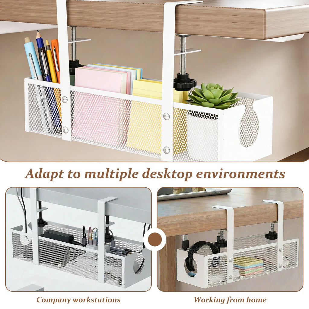 Under Desk Cable Management Tray Metal Hanging Office Desk Storage Basket No Drilling Cable Tray for Table Thickness up to 1.97"