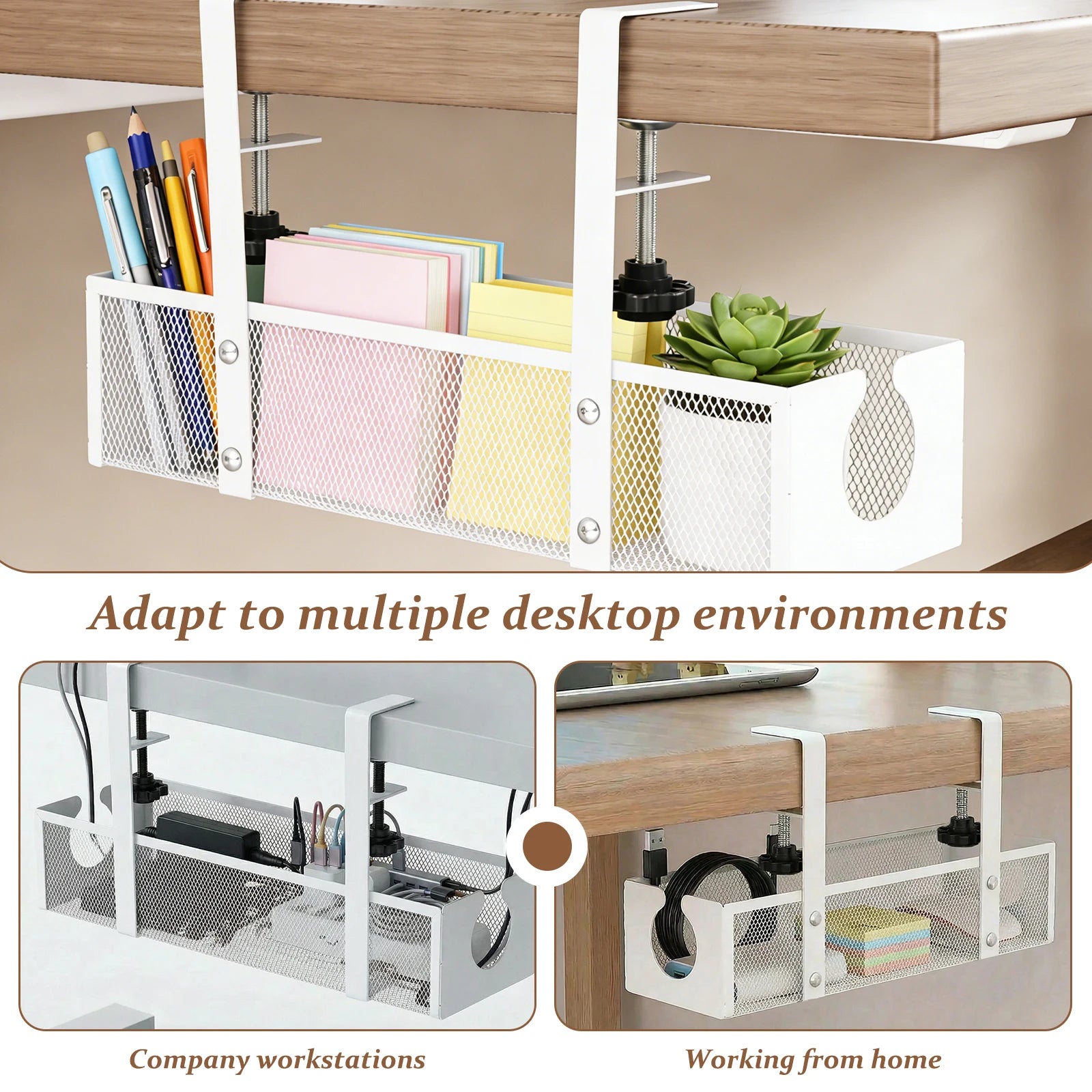 Under Desk Cable Management Tray Metal Hanging Office Desk Storage Basket No Drilling Cable Tray for Table Thickness up to 1.97"