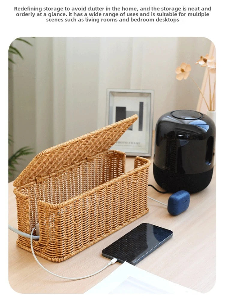 Handmade Cable Management Box, Durable Rattan Cable Organizer, 2 Open Slots Cords Hider Box, Under Desk Cord Organizer