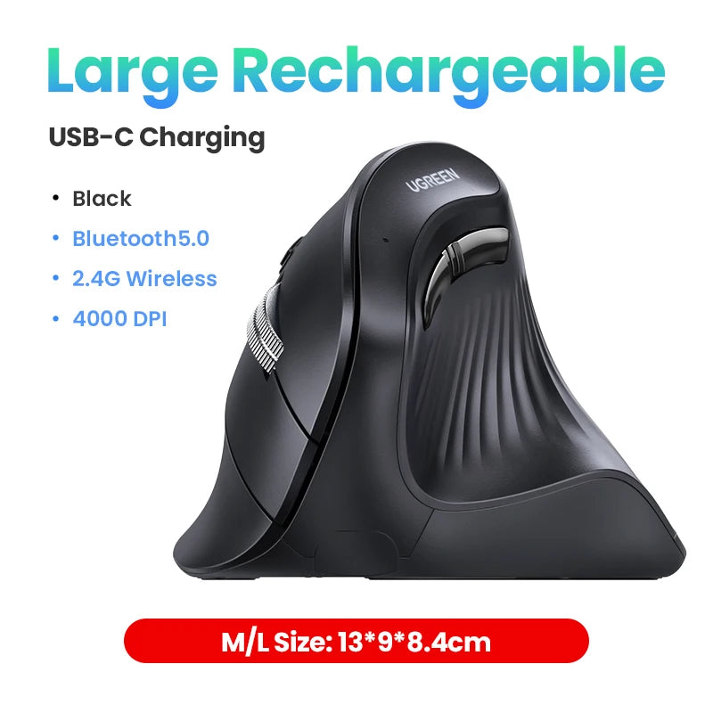 UGREEN Vertical Mouse Wireless Rechargeable Bluetooth5.0 2.4G Ergonomic 4000DPI  for MacBook Tablet Laptops Computer PC Mice