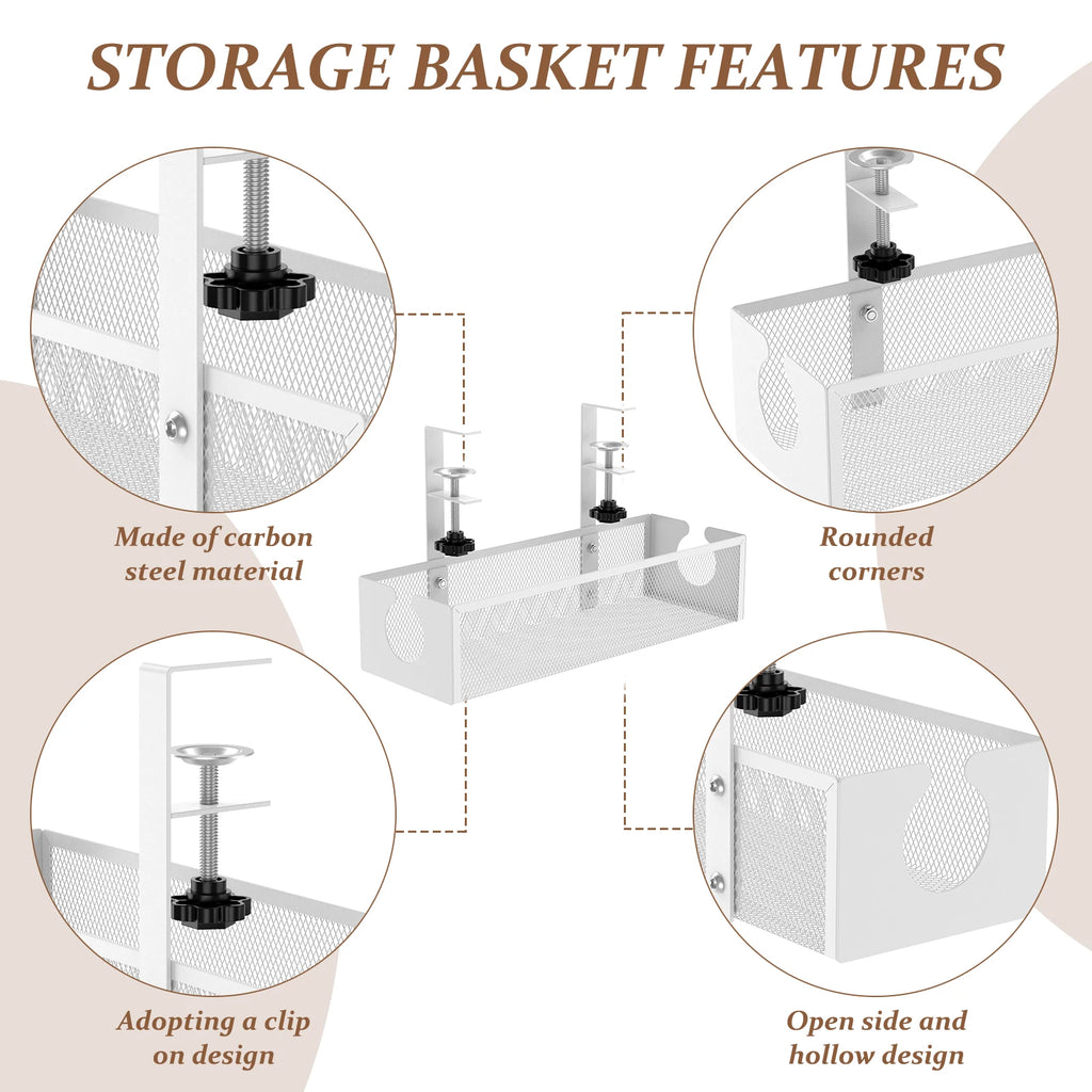 Under Desk Cable Management Tray Metal Hanging Office Desk Storage Basket No Drilling Cable Tray for Table Thickness up to 1.97"