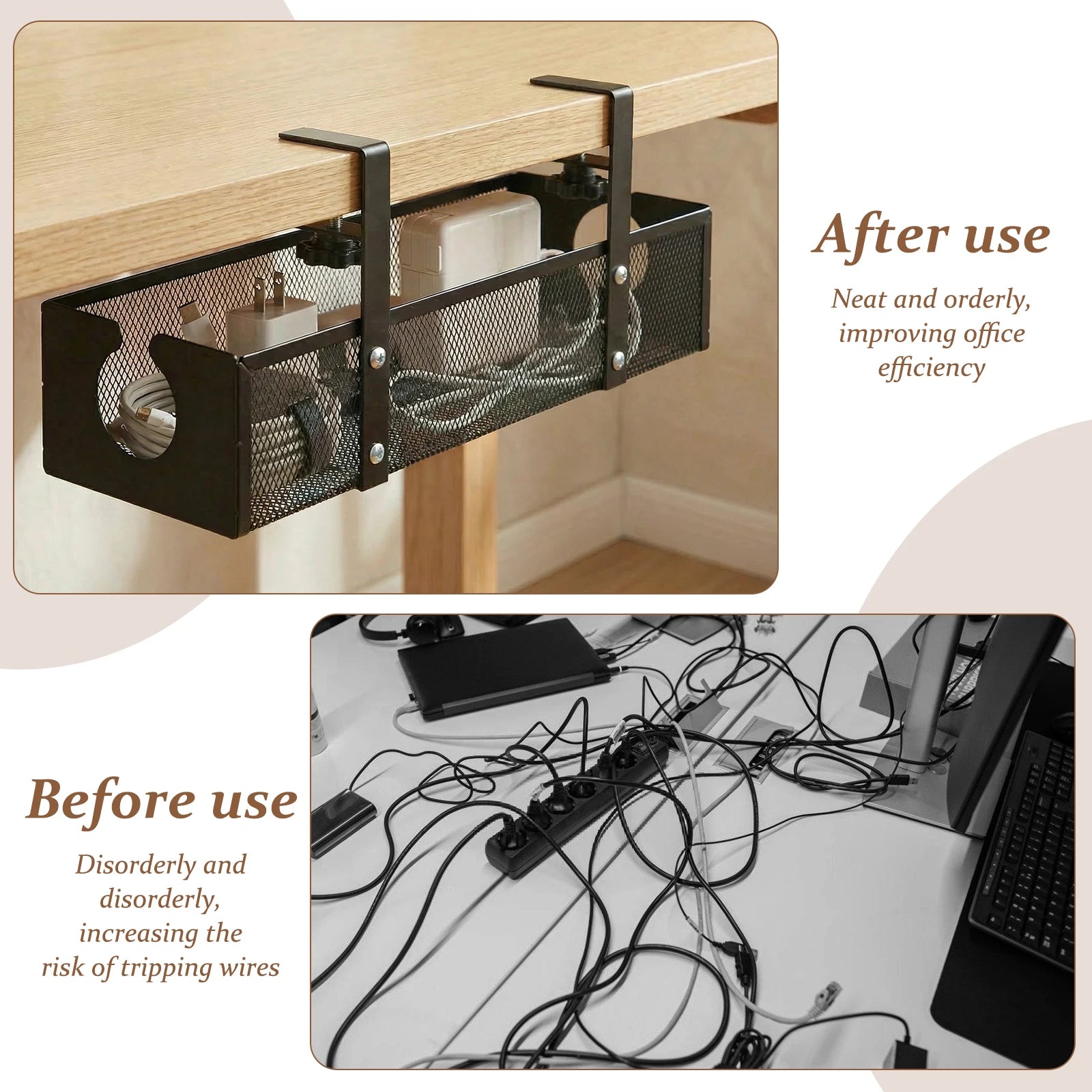 Under Desk Cable Management Tray Metal Hanging Office Desk Storage Basket No Drilling Cable Tray for Table Thickness up to 1.97"