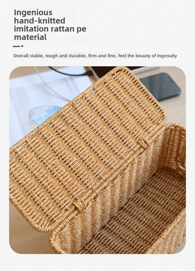 Handmade Cable Management Box, Durable Rattan Cable Organizer, 2 Open Slots Cords Hider Box, Under Desk Cord Organizer