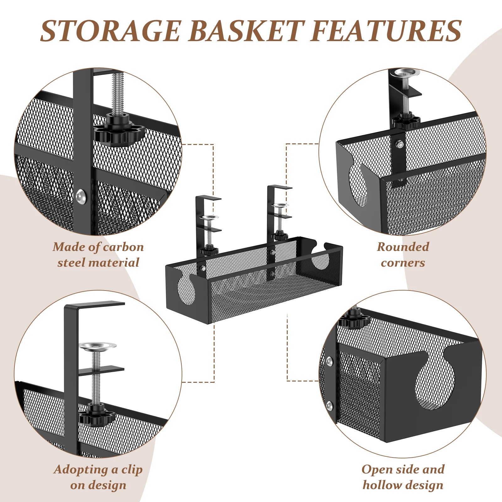 Under Desk Cable Management Tray Metal Hanging Office Desk Storage Basket No Drilling Cable Tray for Table Thickness up to 1.97"