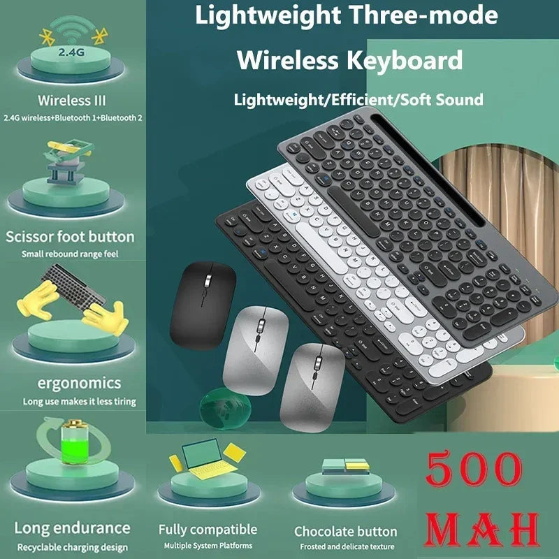 Bluetooth Keyboard 3 Mode Silent Mini Mute 2.4G Wireless BT Key Board and Mouse Combo Multi-Device Rechargeable Keyboards Set
