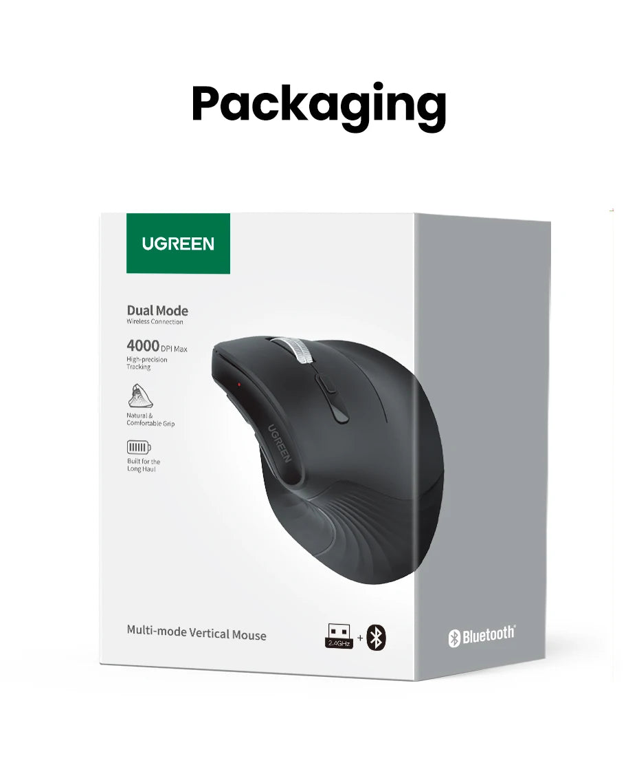 UGREEN Vertical Mouse Wireless Rechargeable Bluetooth5.0 2.4G Ergonomic 4000DPI  for MacBook Tablet Laptops Computer PC Mice