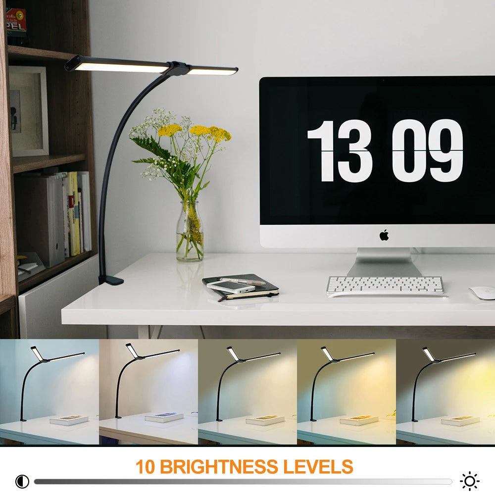 Eye-care LED Clip Metal Desk Lamp 3 Colors Adjustable 10 Brightness Levels Flexible Rotating Lamp Head for Home Reading PC Game