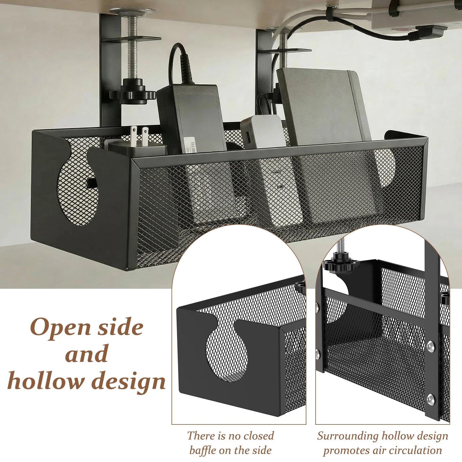 Under Desk Cable Management Tray Metal Hanging Office Desk Storage Basket No Drilling Cable Tray for Table Thickness up to 1.97"