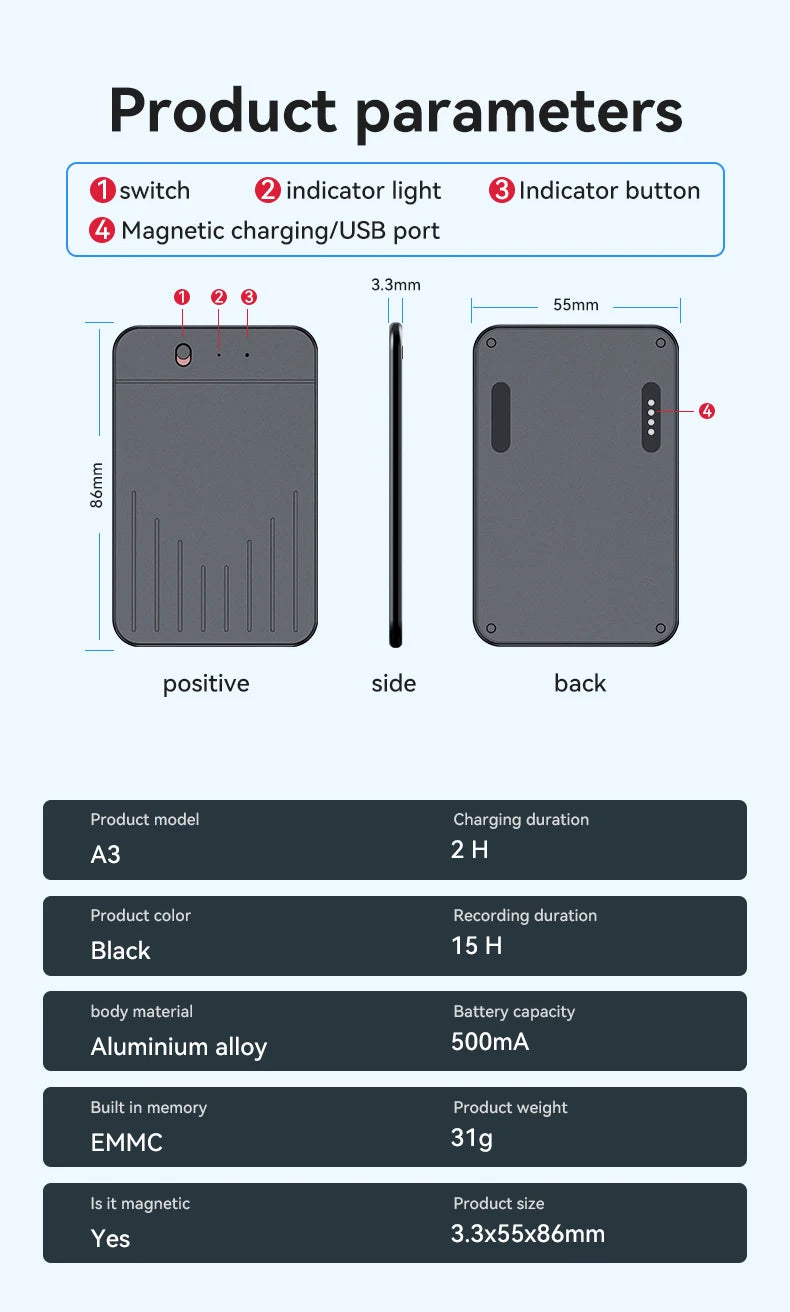 AI Powerd ChatGPT-4 App Phone Call Mini Audio Voice Recorder Espia Transcribe Summarize 58Language Translator Audio Dictaphone