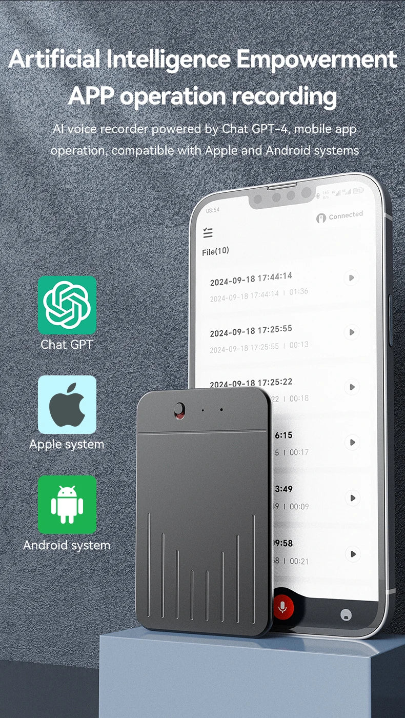 AI Powerd ChatGPT-4 App Phone Call Mini Audio Voice Recorder Espia Transcribe Summarize 58Language Translator Audio Dictaphone