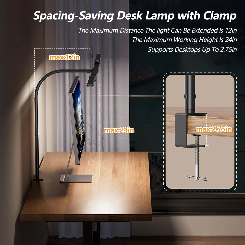 Eye-care LED Clip Metal Desk Lamp 3 Colors Adjustable 10 Brightness Levels Flexible Rotating Lamp Head for Home Reading PC Game