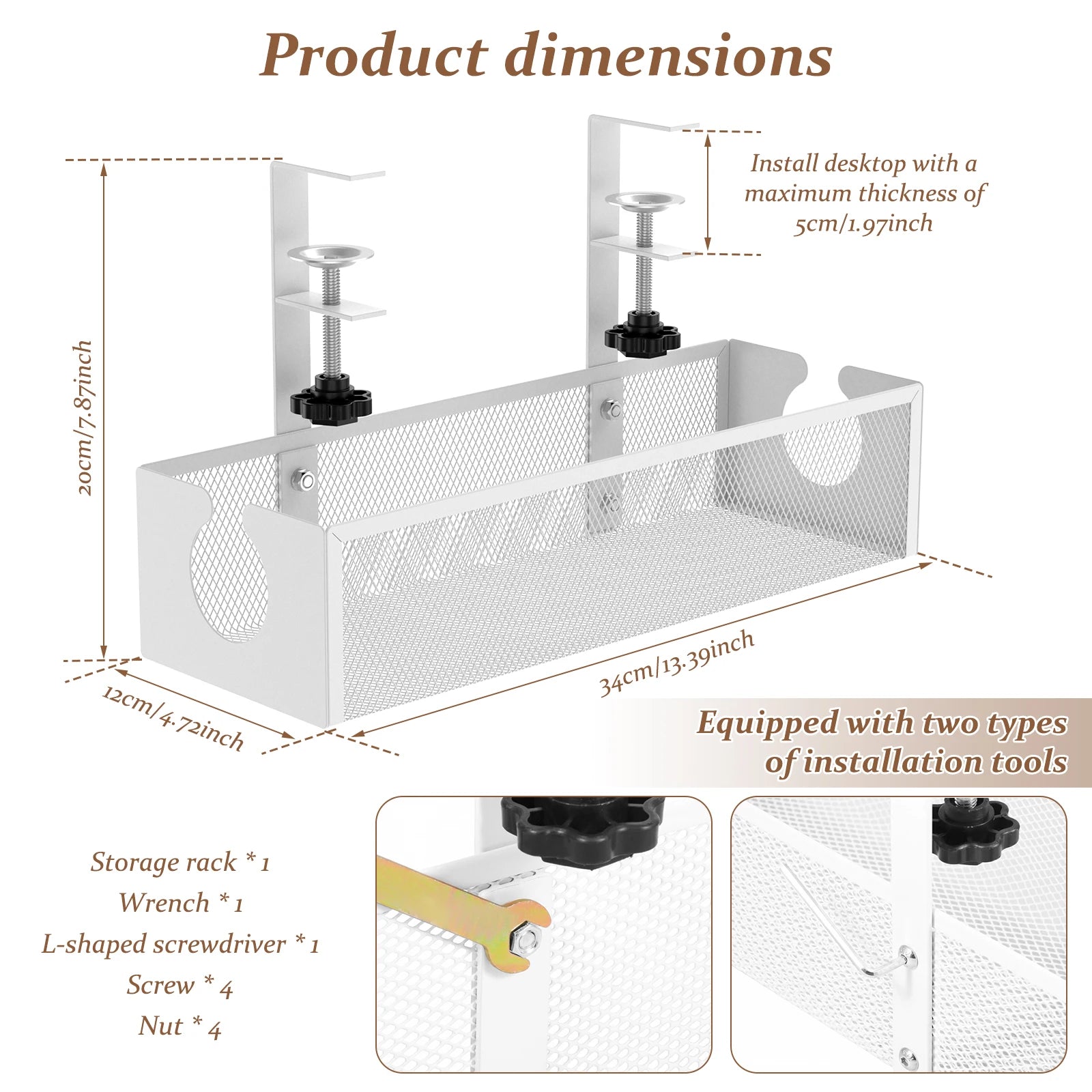 Under Desk Cable Management Tray Metal Hanging Office Desk Storage Basket No Drilling Cable Tray for Table Thickness up to 1.97"