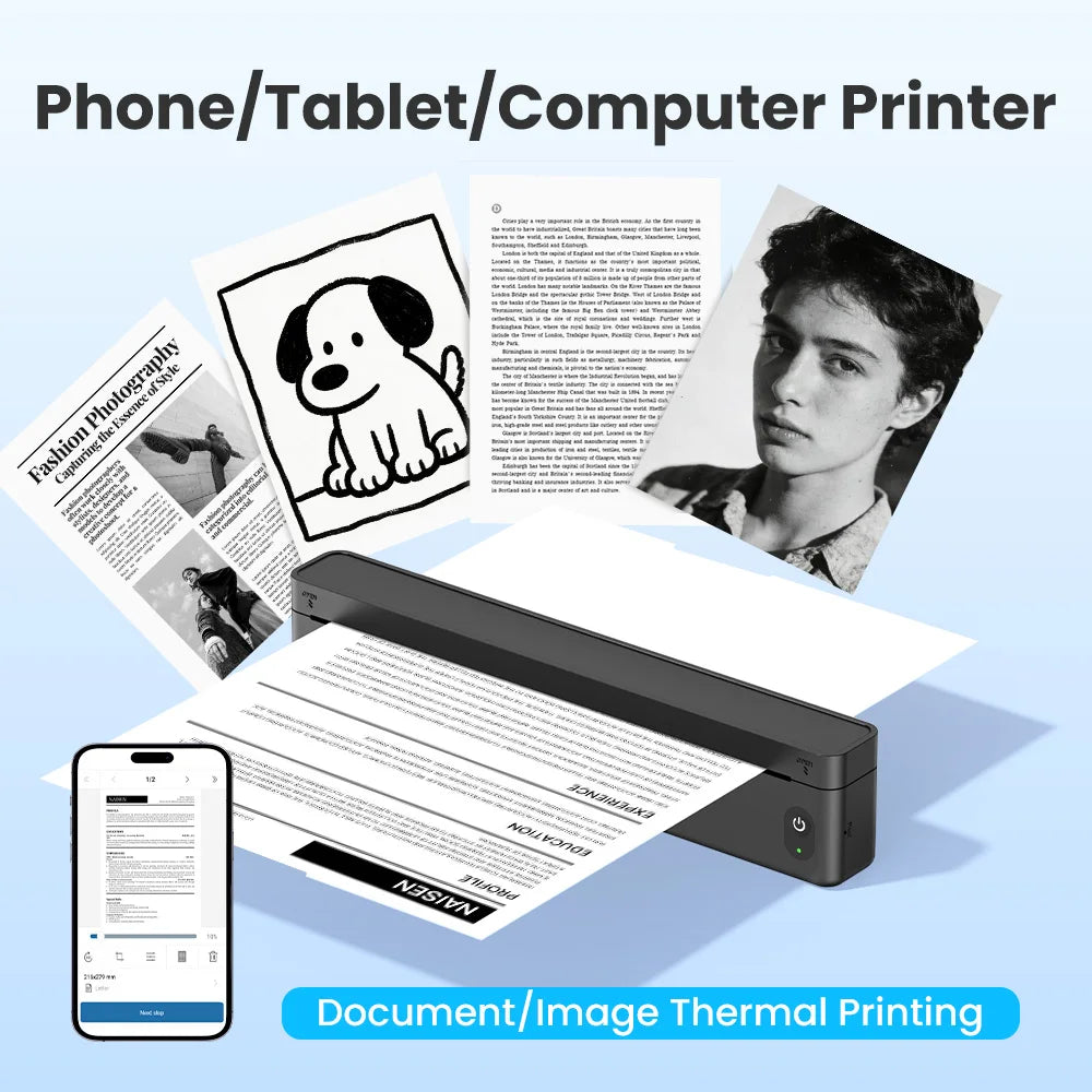 A10a Portable Thermal Printer, Inkless Thermal Printer Supports US Letter & A4 Size, For Business/Office/Home, Compatible with Phone, Tablet & Laptop，Comes With 10 Thermal Paper.