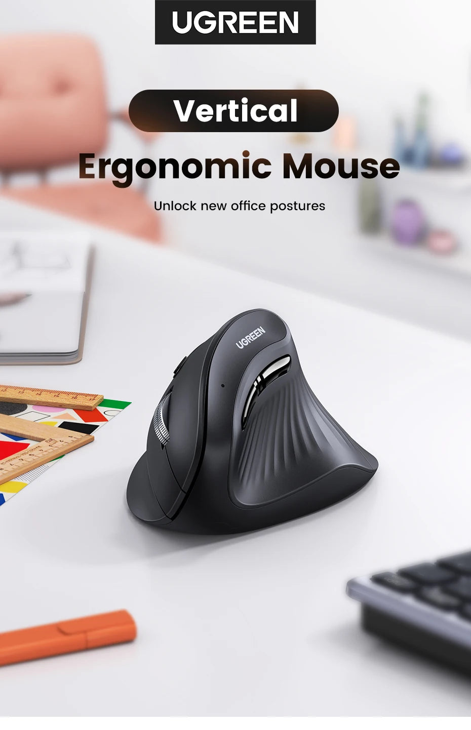 UGREEN Vertical Mouse Wireless Rechargeable Bluetooth5.0 2.4G Ergonomic 4000DPI  for MacBook Tablet Laptops Computer PC Mice