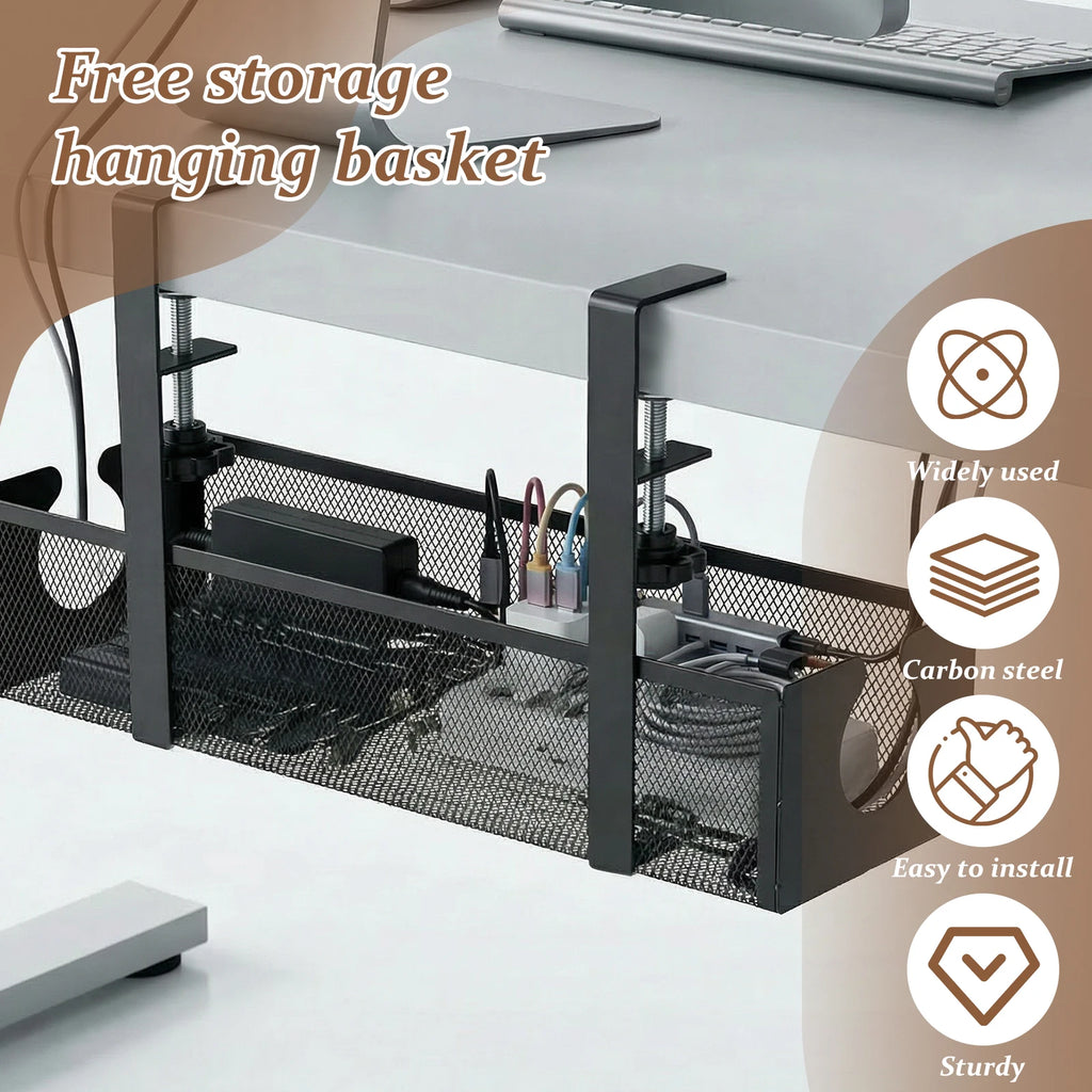 Under Desk Cable Management Tray Metal Hanging Office Desk Storage Basket No Drilling Cable Tray for Table Thickness up to 1.97"