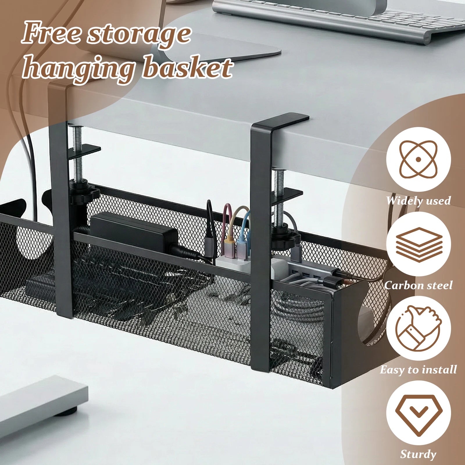 Under Desk Cable Management Tray Metal Hanging Office Desk Storage Basket No Drilling Cable Tray for Table Thickness up to 1.97"
