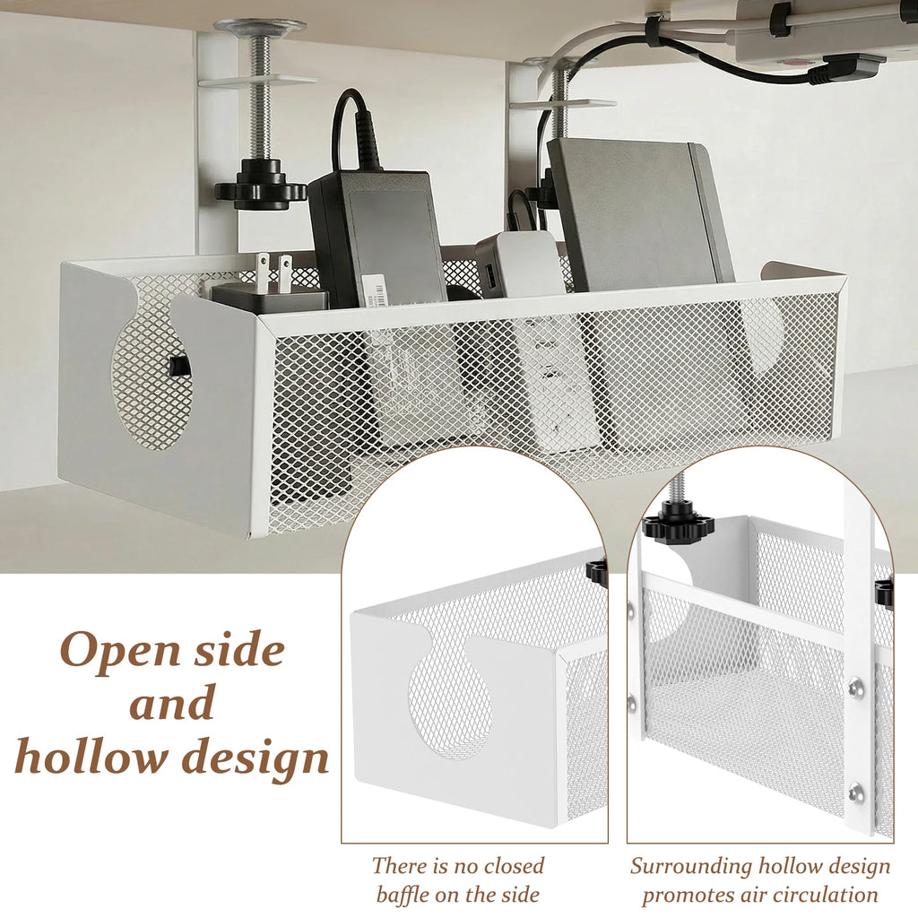 Under Desk Cable Management Tray Metal Hanging Office Desk Storage Basket No Drilling Cable Tray for Table Thickness up to 1.97"